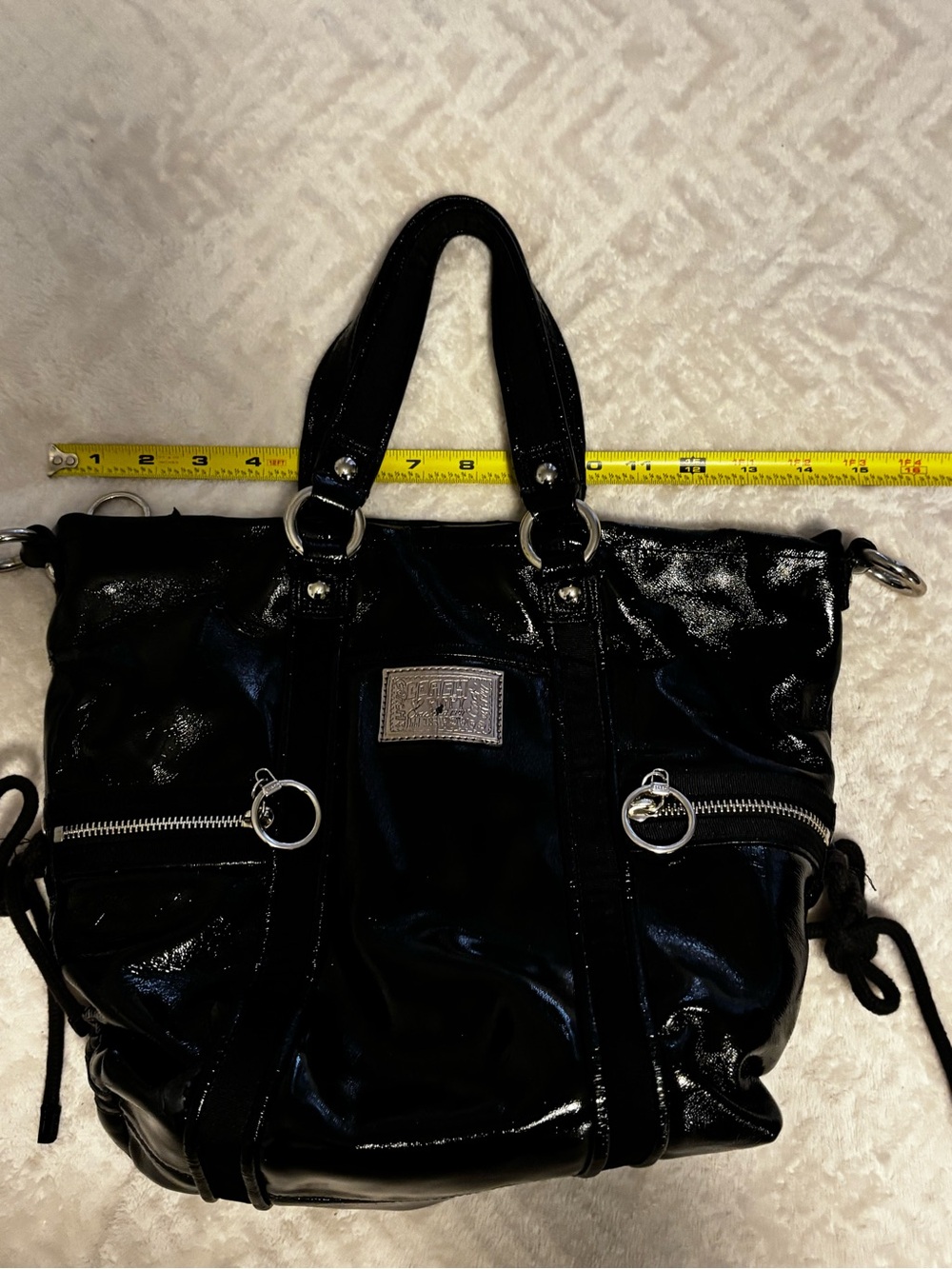 Coach Poppy Black Patent Shoulder / Overnight Tote Bag with Silver Hardware - Picture 2 of 13